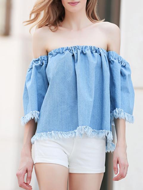 Blue Denim Off The Shoulder 3/4 Sleeve Blouse