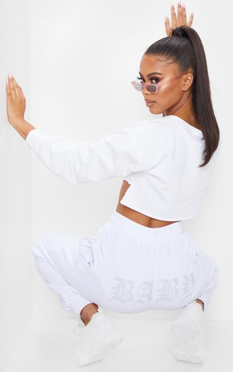 White Baby Diamante Slogan Joggers