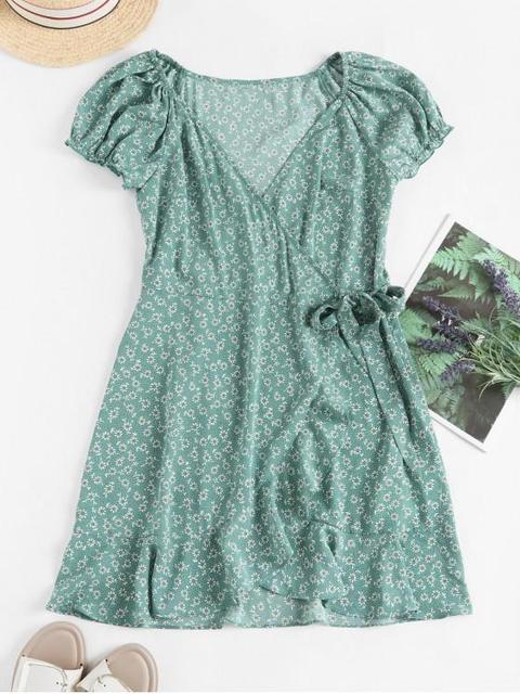 Zaful Mini Vestido Envuelto Floral Con Volantes Light Green