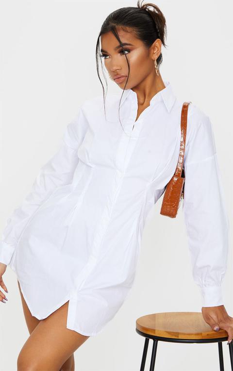 White Fitted Waist Shirt Dress