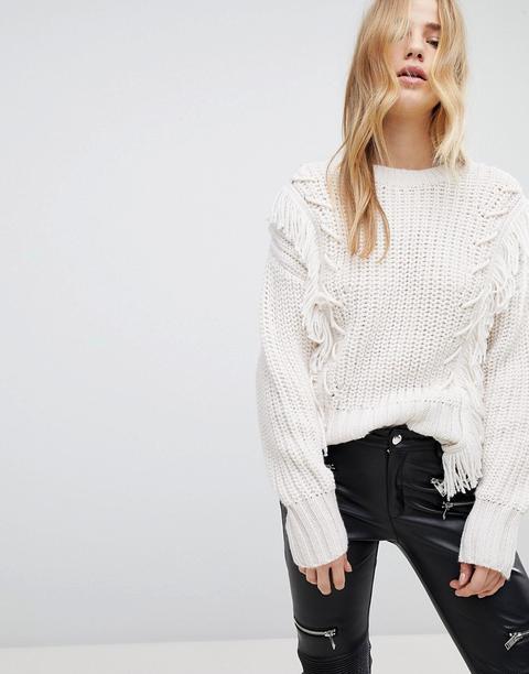 New Look - Maglione Con Frange E Cuciture A Sopraggitto - Crema
