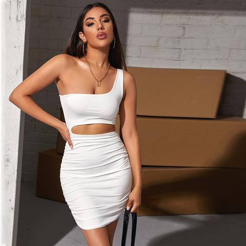 One Shoulder Cutout Waist Ruched Dress