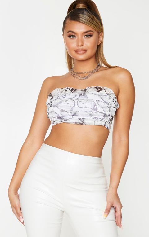 Bandeau Froncé En Mesh Blanc Imprimé Papillons, Blanc