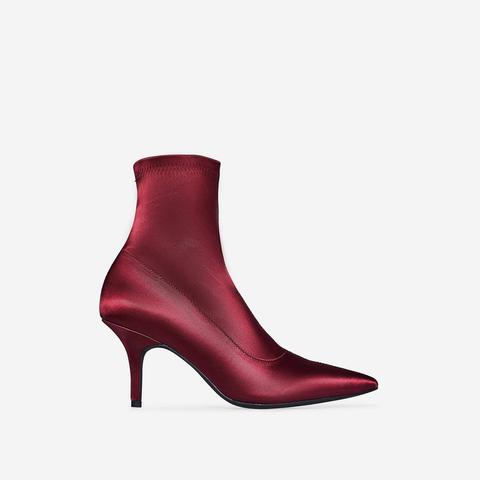 Skye Kitten Heel Sock Boot In Burgundy Satin, Red
