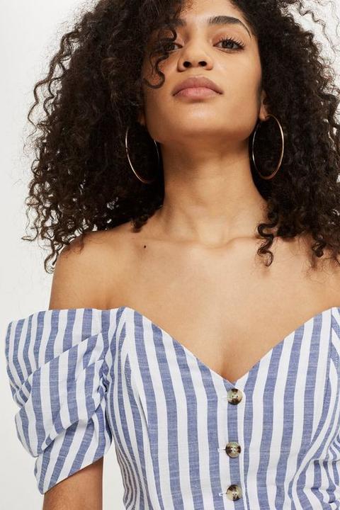 Womens Striped Puff Sleeve Bardot Top - Navy Blue, Navy Blue