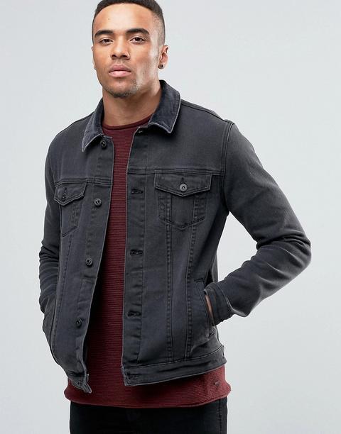 Asos - Schmale Jeansjacke Mit Cordkragen In Schwarz - Schwarz