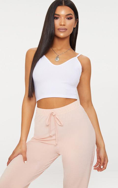 White Rib Plunge Cami Crop Top