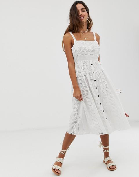 Vestido Veraniego Midi Con Bordado Y Parte Delantera Con Botones En Blanco De Asos Design
