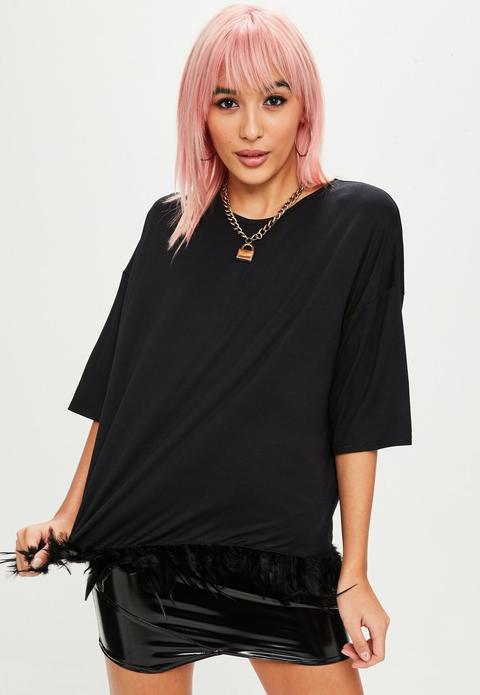 Black Feather Hem Tshirt, Black