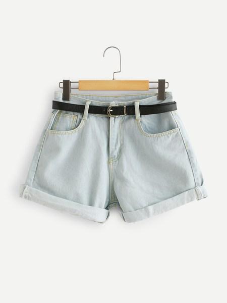 Shorts In Denim Con Risvolto E Cintura