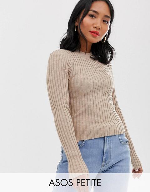 Asos Design Petite - Maglione Girocollo Skinny A Coste - Pietra