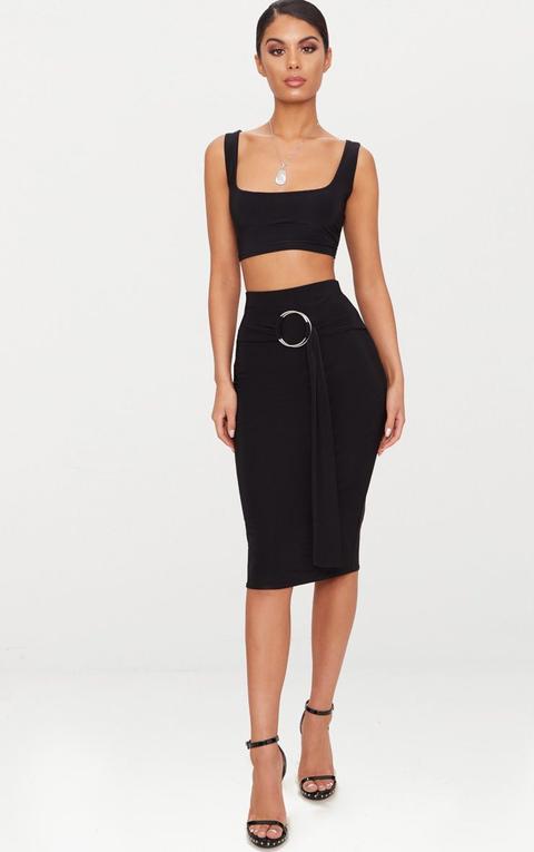 Black Slinky O Ring Belt Midi Skirt