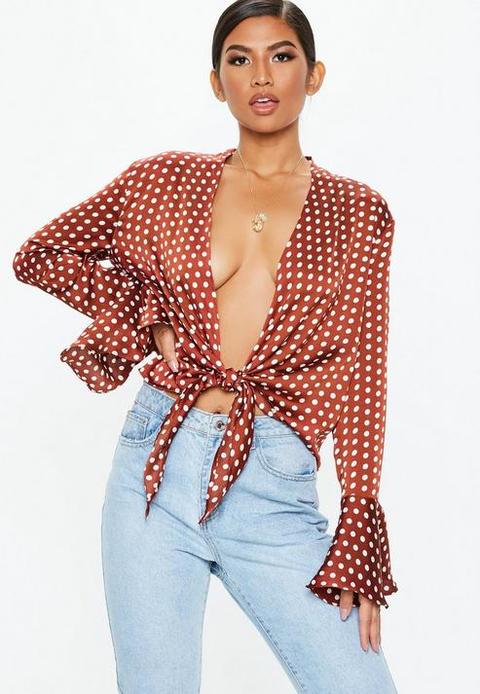 Rust Polka Dot Satin Knot Blouse, Rust