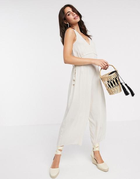 Asos Design Minimal Wide Leg Jumpsuit With Rope Channel Waist In Cream-multi