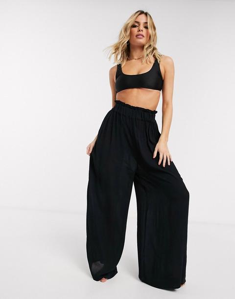 Asos Design Crinkle Wide Leg Palazzo Beach Trouser In Black