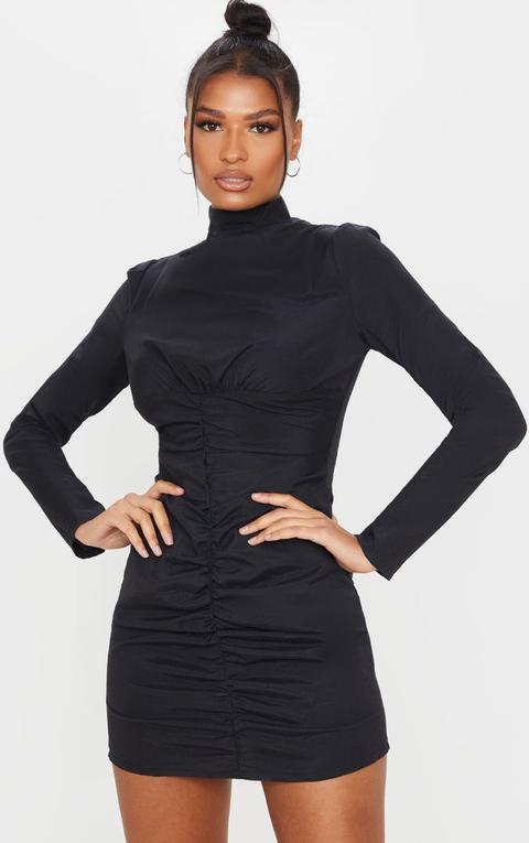 Black High Neck Ruched Front Bodycon Dress