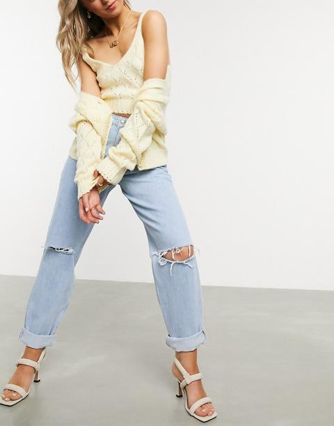 Asos Design Recycled High Rise 'slouchy' Mom Jeans Brightwash With Rips-blue