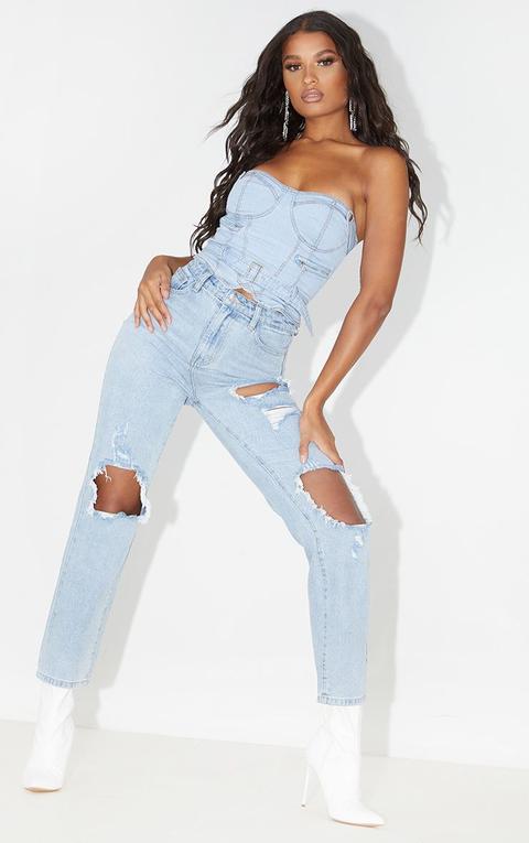 Prettylittlething Light Wash Distressed Straight Leg Jean