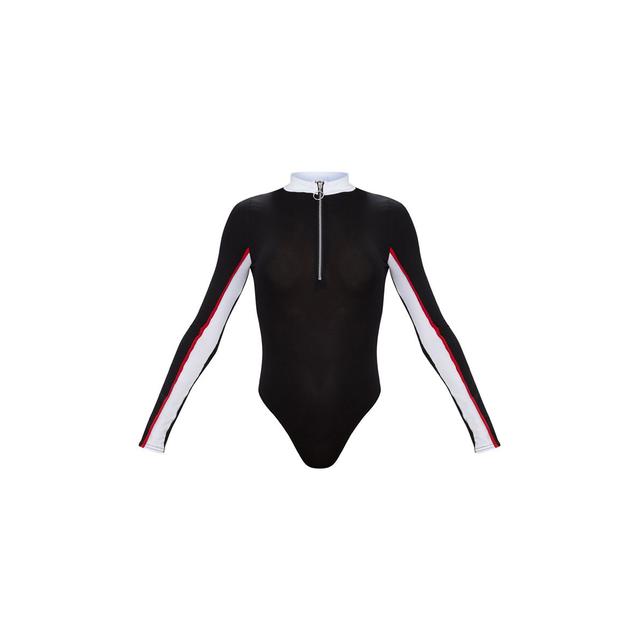 White Sport Zip Front Long Sleeve Thong Bodysuit