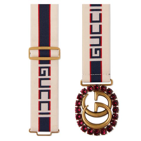 gucci stripe belt with double g and crystals