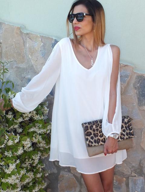 Vestido Gasa Cuello V Manga Especial-blanco