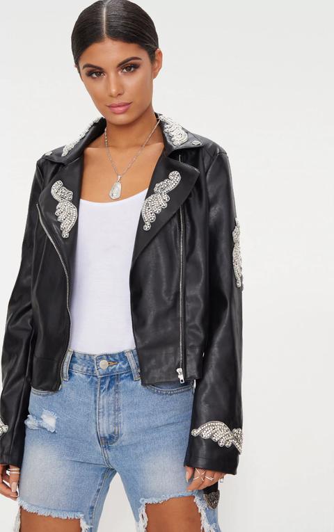 Black Embellished Applique Detail Pu Biker Jacket, Black