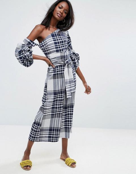 Asos - Tuta Lunga Monospalla Con Stampa E Maniche Vistose - Blu