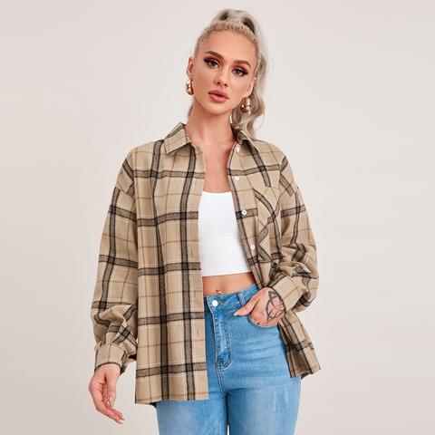 Drop Shoulder Pocket Front Plaid Blouse