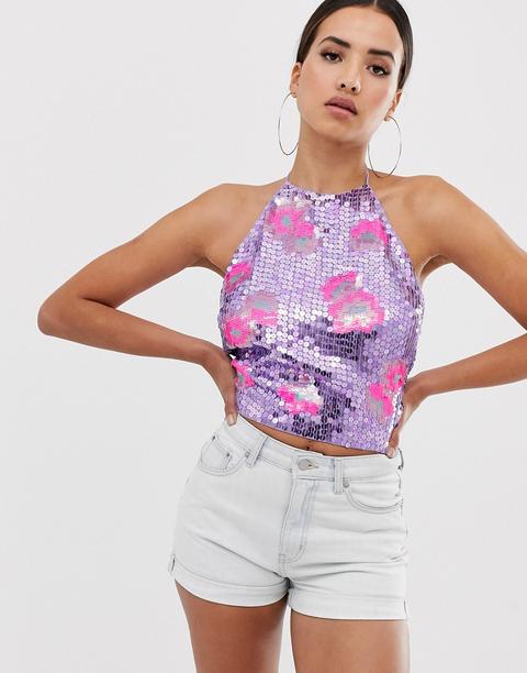 Camisola Con Cuello Halter Y Lentejuelas Con Diseño Floral De Asos Design-multicolor
