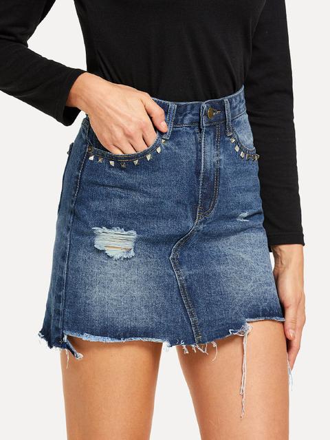 Gonna In Denim Strappato Con Orlo Grezzo