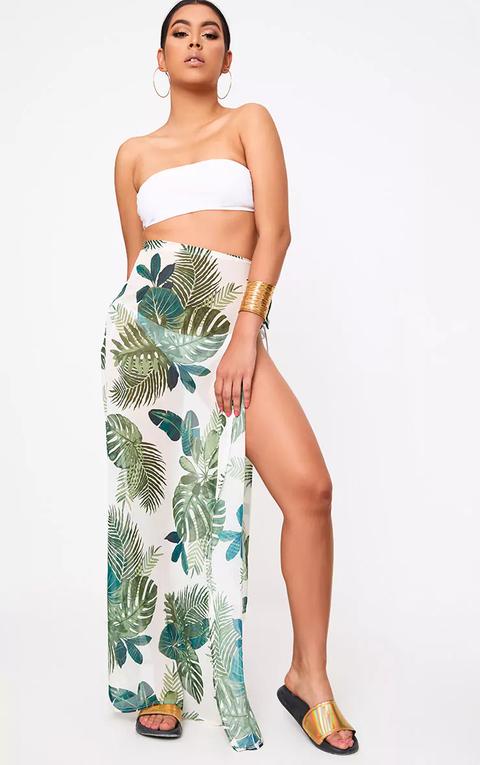 White Chiffon Palm Print Beach Maxi Skirt, White