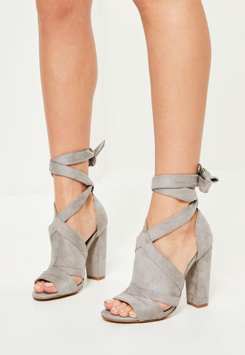 Grey Tie Detail Block Heeled Sandals