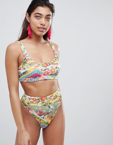 Asos Design Vibrant Tile Print High Leg High Waist Bikini Bottom - Tile Print