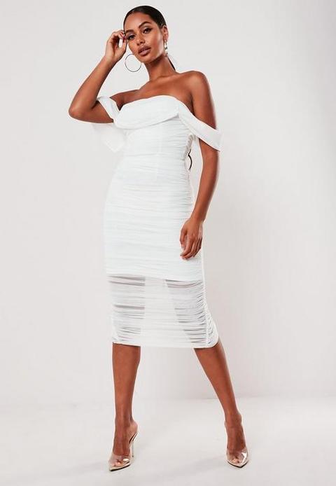 White ruched 2024 bardot dress