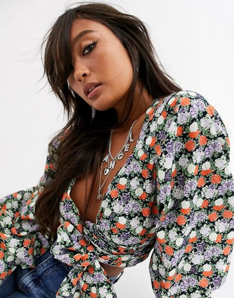 Top Cruzado De Manga Larga Con Detalle De Puño Marcado Y Diseño Floral De Asos Design-multicolor