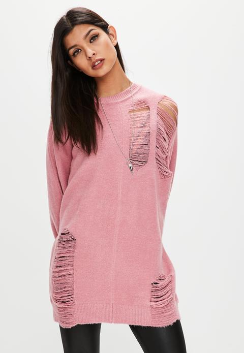 Pink Distressed Batwing Knitted Jumper