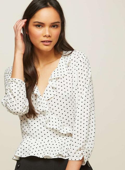 Ivory Spotted Ruffle Wrap Blouse