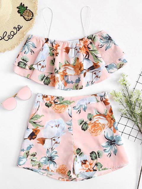 Top De Tirante Con Estampado Floral Con Shorts