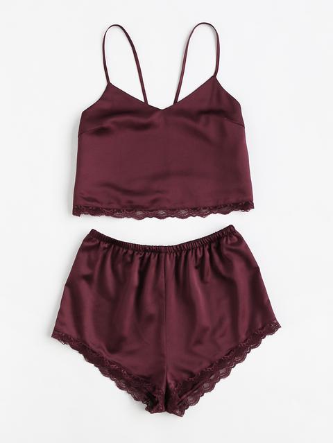 Camisole Pigiama Di Raso Con Bordo In Pizzo ,con Pantaloncini Pigiama