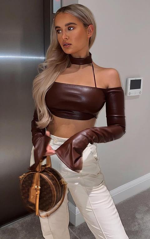 Brown Pu High Neck Cold Shoulder Crop Top