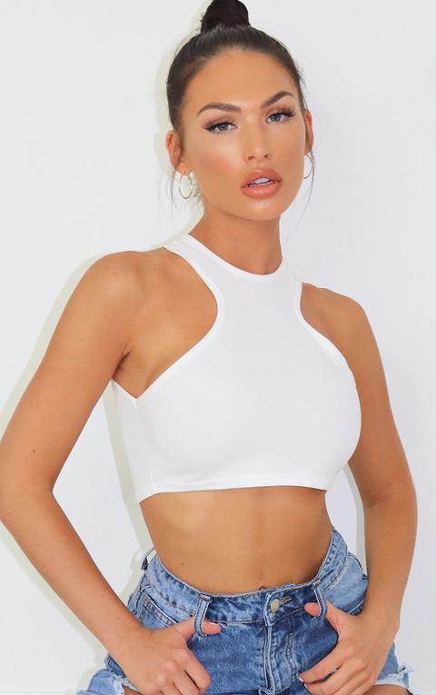 White Crepe Racer Neck Crop Top