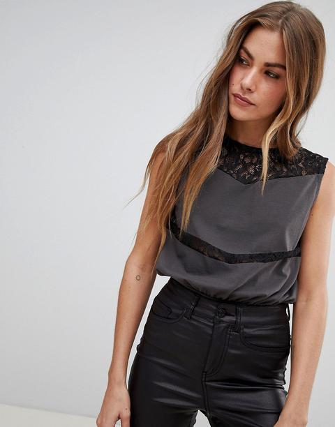 Asos Design - Body Casual Senza Maniche Con Inserti In Pizzo - Grigio
