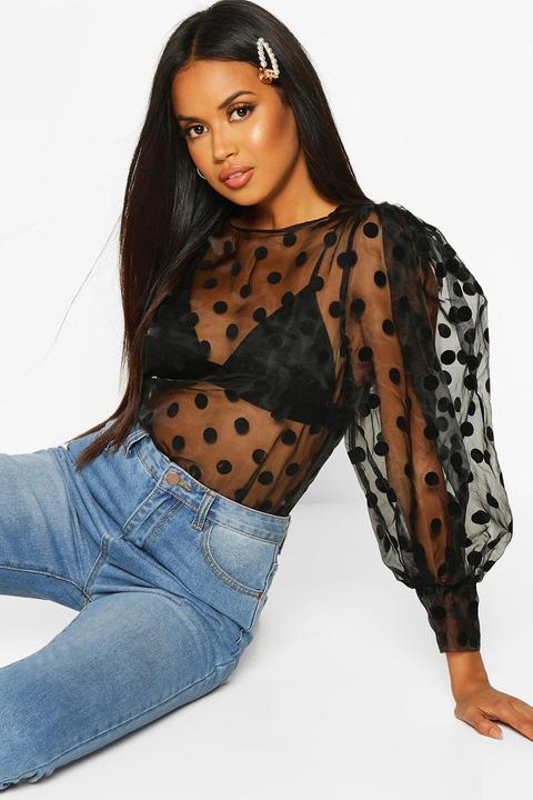 Womens Organza Mesh Polka Dot Volume Sleeve Blouse - Black