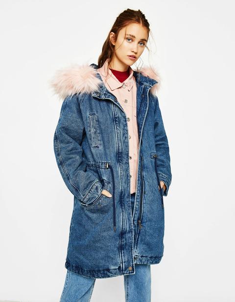 Parka Denim Con Cappuccio In Pelliccia Sintetica