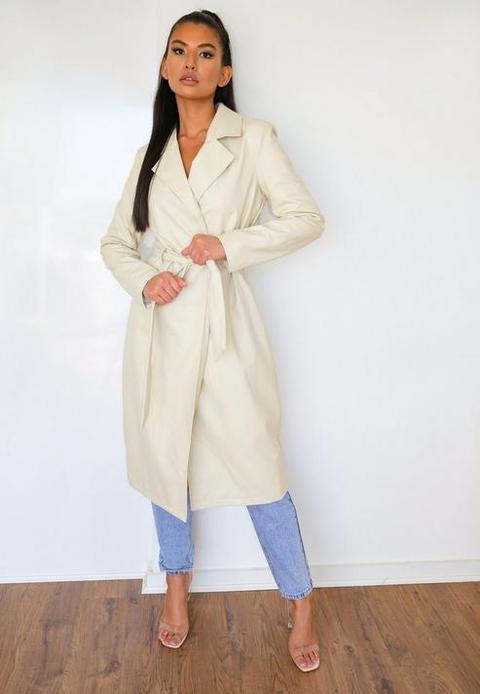 Cream Faux Leather Belted Trench Coat, Cream