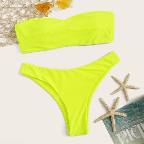 Set Bikini Con Taglio Alto E Bandana Giallo Neon Con Nodo Indietro