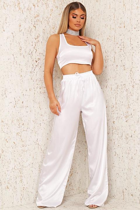 White Satin Drawstring Wide Leg 
