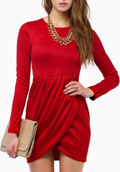 Red Plain Irregular Ruffle Round Neck Mini Dress