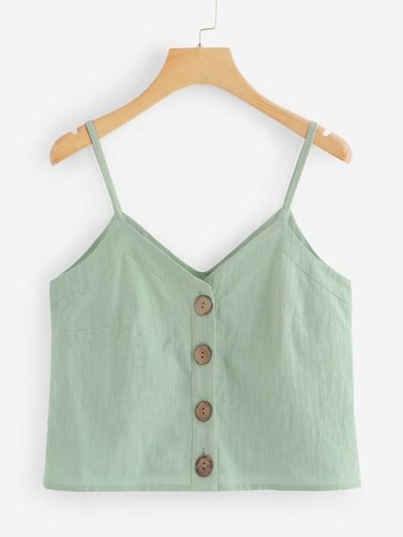 Casuale A Tinta Unita Bottone Verde Tops & Camis