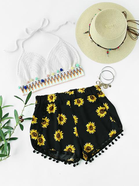 Shorts Con Estampado De Girasol Con Bolitas